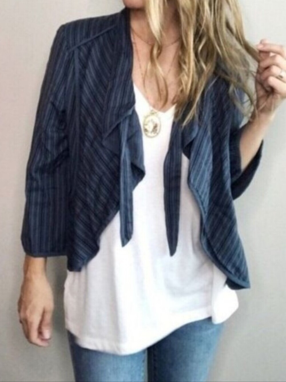 Cabi Blue Striped Peplum Jacket XS